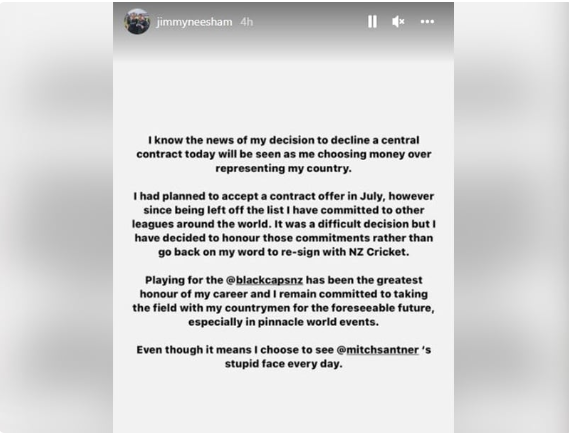 James Neesham declined central contract  James Neesham  New Zealand Cricket  James Neesham Instagram  കേന്ദ്ര കരാര്‍ നിരസിച്ച്‌ ജെയിംസ് നീഷാം  ജെയിംസ് നീഷാം  ന്യൂസിലൻഡ് ക്രിക്കറ്റ്