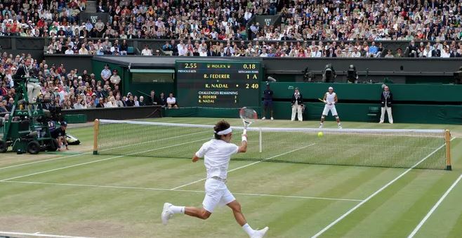 Roger Federer and Rafael Nadal at Wimbledon 2008.