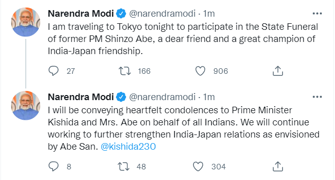 modi tweets on shinzo abe