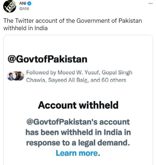 Twitter account of Pakistan Government withheld in India