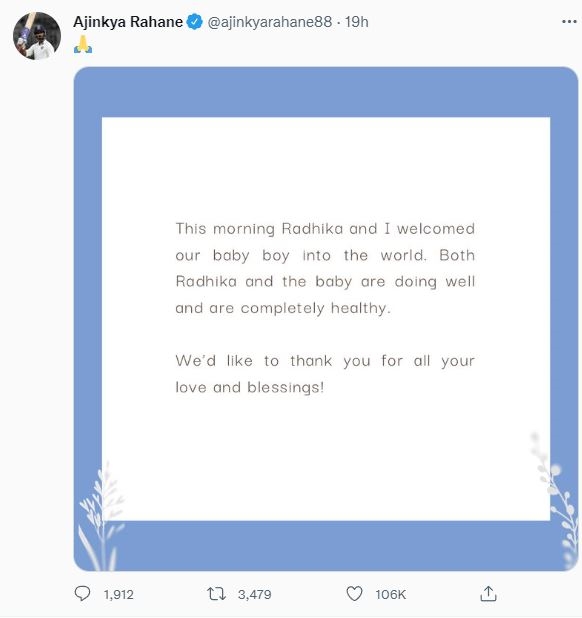 ajinkya-rahane-radhika-rahane-blessed-with-baby-boy-shares-post-on-twitter