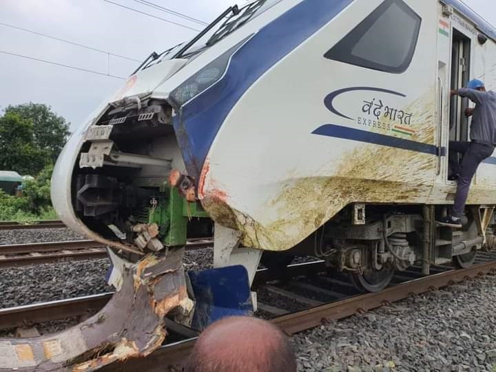 Vande Bharat train damaged after colliding with buffalo herd in Ahmedabad Gujarat  Vande Bharat train damaged  Vande Bharat train collided with buffalo herd  വന്ദേ ഭാരത് ട്രെയിനിന്‍റെ മുൻഭാഗം തകർന്നു  എരുമക്കൂട്ടവുമായി കൂട്ടിയിടിച്ച് വന്ദേ ഭാരത്  വന്ദേ ഭാരത് ട്രെയിൻ അപകടം  ഗുജറാത്ത് വന്ദേ ഭാരത് ട്രെയിൻ അപകടം  കന്നുകാലിക്കൂട്ടത്തിൽ ഇടിച്ച് വന്ദേ ഭാരത്  ഗാന്ധിനഗർ മുംബൈ വന്ദേ ഭാരത് എക്‌സ്‌പ്രസ്  Batwa Maninagar vande bharat express accident  വന്ദേ ഭാരത് എക്‌സ്‌പ്രസ് അപകടം  പോത്തിൻകൂട്ടവുമായി ഇടിച്ച് വന്ദേ ഭാരത്  പോത്തുകളുമായി കൂട്ടിമുട്ടി വന്ദേഭാരത്  train collided with buffalo herd in ahmedabad  Vande Bharat train  വന്ദേ ഭാരത് ട്രെയിനിടിച്ച് കന്നുകാലികൾ ചത്തു