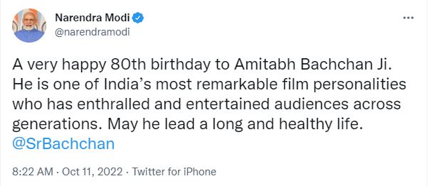 Prime Minister Narendra Modi extends birthday greetings to Amitabh Bachchan