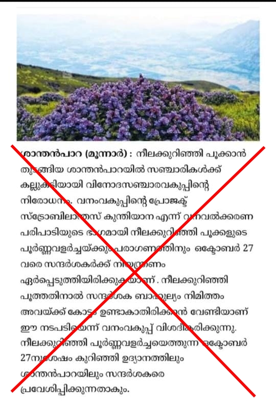 Fake news  Fake news relating Neelakurinji  Neelakurinji on Idukki  Neelakurinji  news and Screenshot spreading  Forest Department  ആരാധകരെ  നീലക്കുറിഞ്ഞി  മലനിര  നിരോധനമെന്ന് സമൂഹമാധ്യമങ്ങളില്‍  സമൂഹമാധ്യമങ്ങളില്‍ പ്രചരിക്കുന്ന വാര്‍ത്ത  വ്യാജം  ശാന്തന്‍പാറ  ഇടുക്കി  കള്ളിപ്പാറ  സന്ദര്‍ശനം  വാര്‍ത്തകളും സ്‌ക്രീന്‍ഷോട്ടുകളും  വ്യാജ വാര്‍ത്ത  വനം വകുപ്പ്