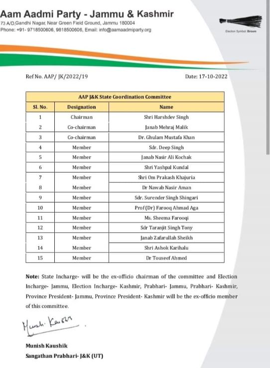 AAP APPOINTS PARTY STRUCTURE IN JK , GH MUSTUFA MIR APPOINTED PARTY JK PRESIDENT