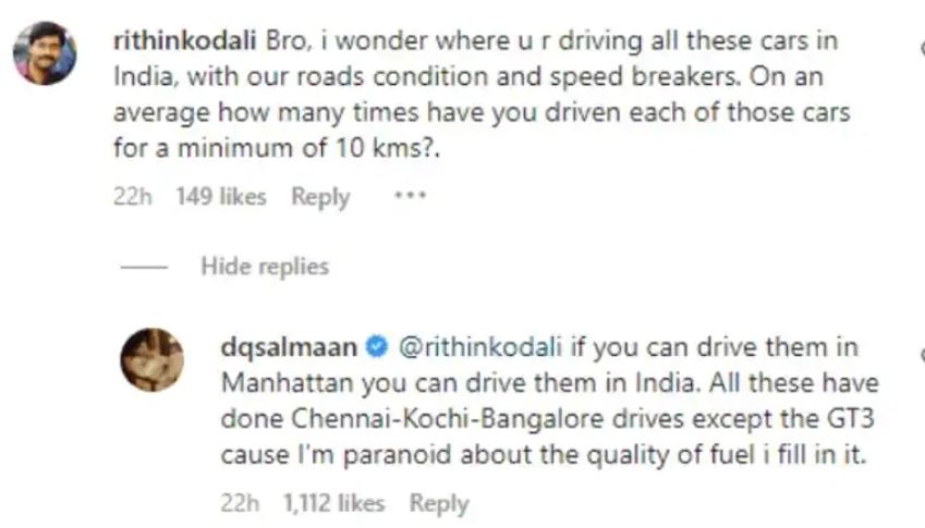 Dulquer Salmaan introduces his car collection  Dulquer Salmaan  Dulquer Salmaan replied to fans comment  ദുല്‍ഖര്‍  Dulquer Salmaan reply to fan  ആരാധകന് മറുപടി നല്‍കി ദുല്‍ഖര്‍ സല്‍മാന്‍  ദുല്‍ഖര്‍ മറുപടി നല്‍കി  മമ്മൂട്ടി  വാഹന പ്രേമി  Dulquer Salmaan viral reply  Dulquer Salmaan car collection  Dulquer Salmaan latest movies