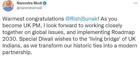 PM Modi congratulates Rishi Sunak