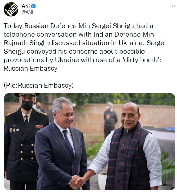 Russian Defence Minister conveys his concerns about dirty bomb to Rajnath Singh