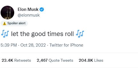 Billionaire Elon Musk tweets 'Let the good times roll' on first morning as new Twitter boss