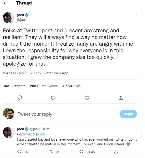 Twitter founder Jack Dorsey apologises