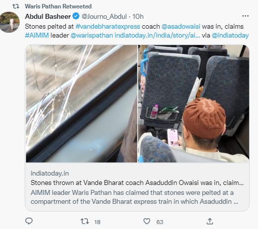 HN-NAT-08-11-2022-Window glass of Vande Bharat Express with Asaduddin Owaisi onboard 