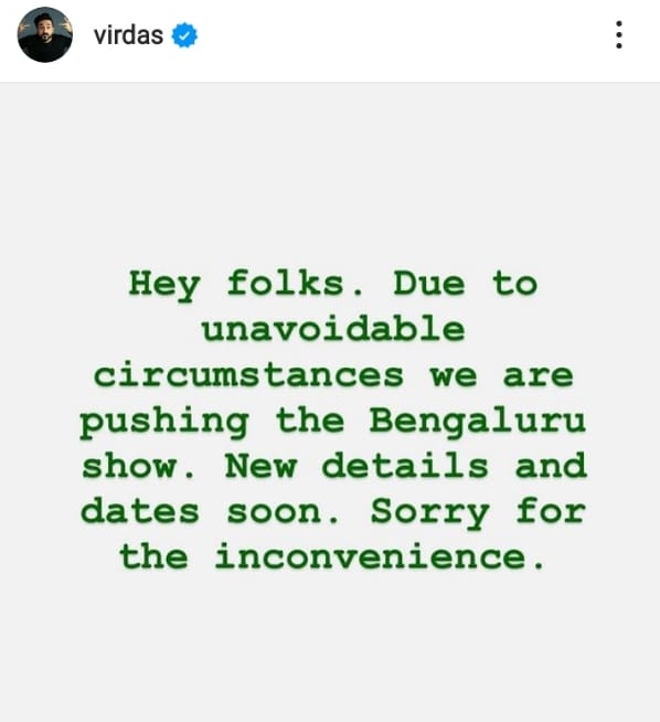 Comedian Vir Das show postponed