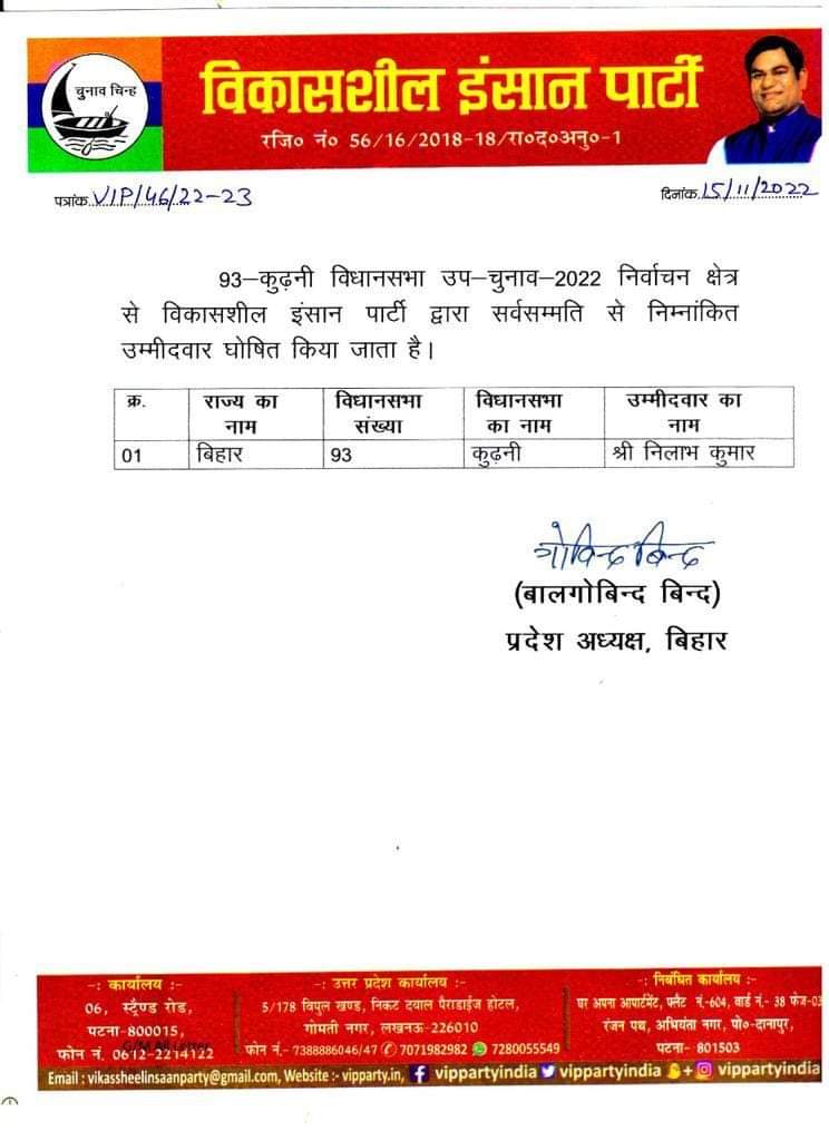 VIP से कुढ़नी में निलाभ कुमार होंगे उम्मीदवार