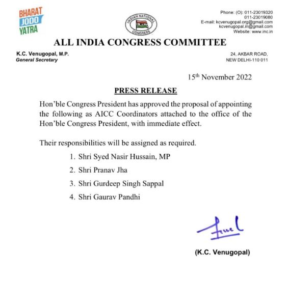 Congress leader Pranav Jha appointed to AICC Coordinator to Mallikarjun Kharge office