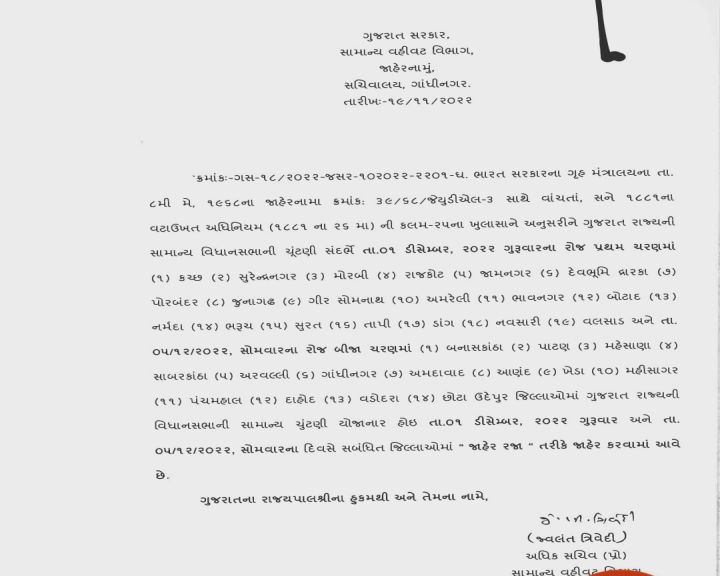 ગુજરાત રાજ્યના રાજ્યપાલના હુકમથી અને તેમના નામેથી આ રજાની જાહેરાત