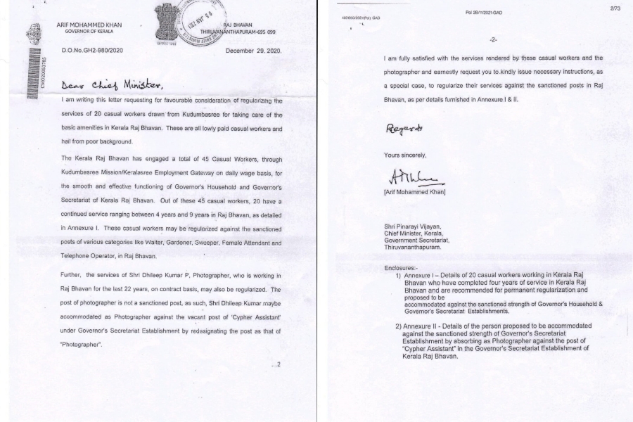 Governors letter to the CM is out  താത്ക്കാലിക ജീവനക്കാരെ സ്ഥിരപ്പെടുത്തണം  ഗവര്‍ണര്‍ മുഖ്യമന്ത്രിക്ക് അയച്ച കത്ത് പുറത്ത്  ഗവര്‍ണറുടെ കത്ത് പുറത്ത്  ഗവർണർ ആരിഫ് മുഹമ്മദ് ഖാൻ  മുഖ്യമന്ത്രി പിണറായി വിജയന്‍  ഗവർണർ മുഖ്യമന്ത്രിക്ക് കത്തയച്ചു  kerala news updates  latest news in kerala  news updates  latest news in Thiruvanathapuram  news updates in Thiruvanathapuram