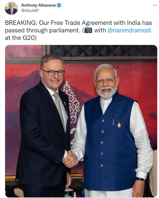 Australian parliament approves free trade agreement with India