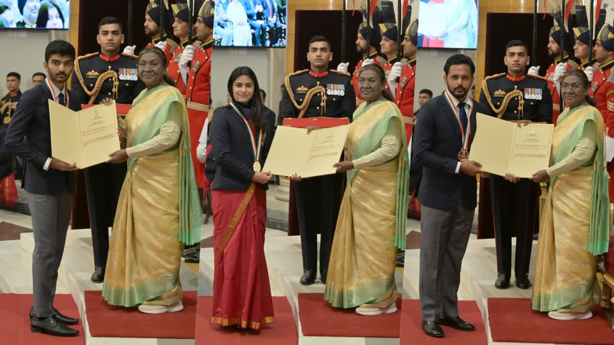 Gukesh D and Manu Bhaker, Harmanpreet Singh and Praveen Kumar received the prestigious Major Dhyan Chand Khel Ratna Award from President Droupadi Murmu.