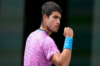 Carlos Alcaraz, of Spain, celebrates after defeating Jannik Sinner, of Italy, in a semifinal match at the BNP Paribas Open tennis tournament, Saturday, March 16, 2024, in Indian Wells, Calif.
