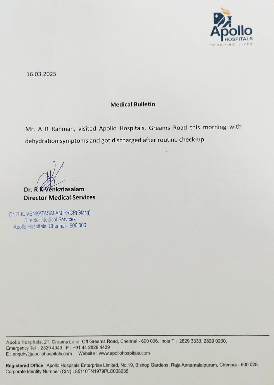 AR RAHMAN HOSPITALISED