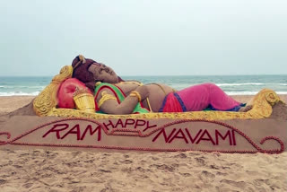 Renowned sand artist Sudarsan Pattnaik created a sand sculpture of Lord Ram with the message "Happy Ram Navami" at Puri beach in Odisha on the auspicious occasion of Ram Navami.
