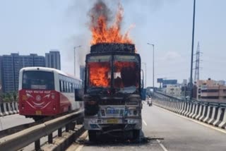 LORRY CATCHES FIRE