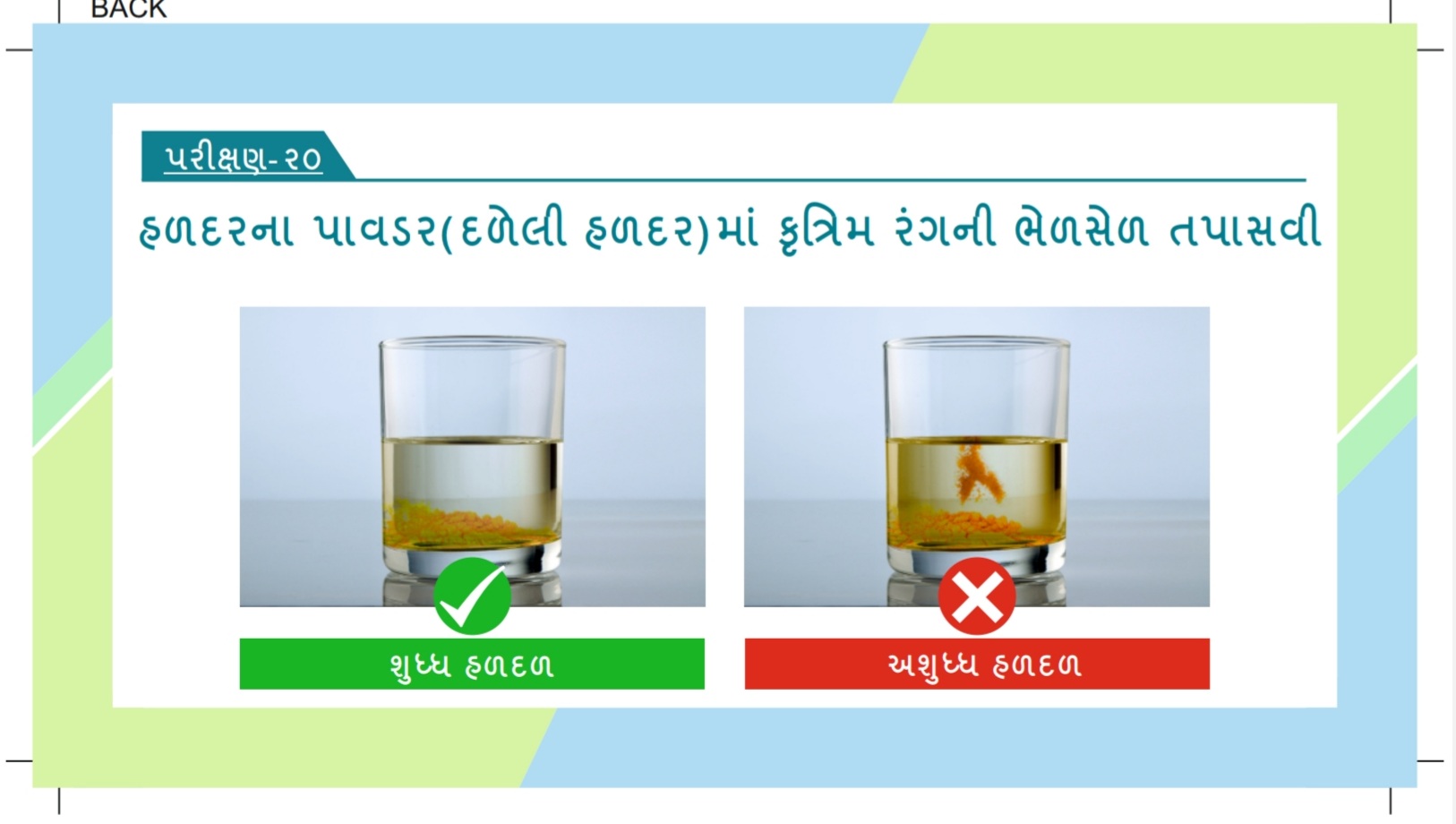 હળદરના પાવડર દળેલી હળદરમા કુત્રિમ રંગની ભેળસેળ તપાસવી