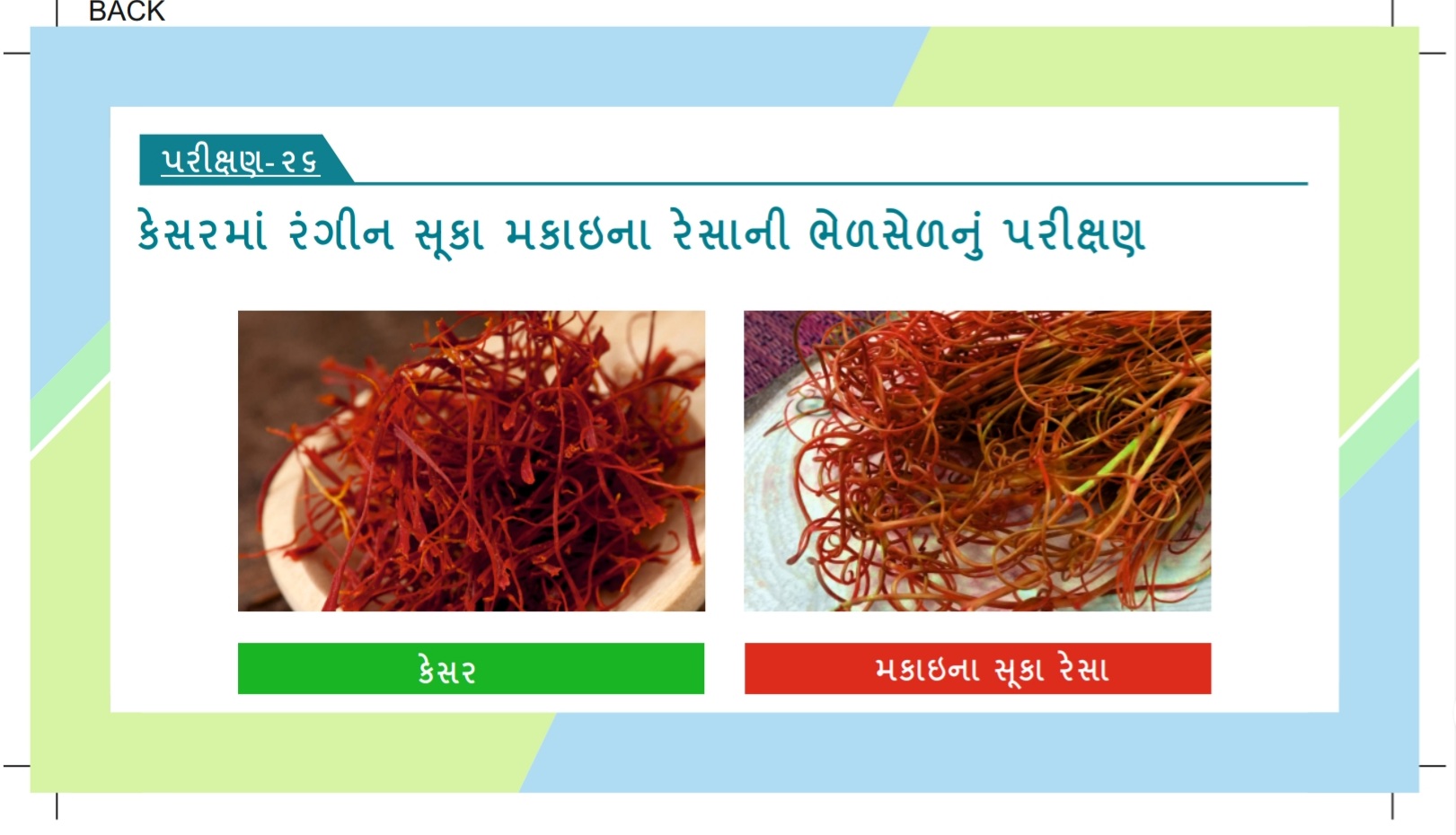 કેસરમાં રંગીન સૂકા મકાઈના રેસાની ભેળસેળનું પરીક્ષણ
