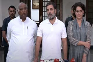 Mallikharjun Kharge, Rahul Gandhi and Priyanka Gandhi during a press briefing at the Congress National President Mallikarjun Kharge's residence in New Delhi on Monday, June 17, 2024.