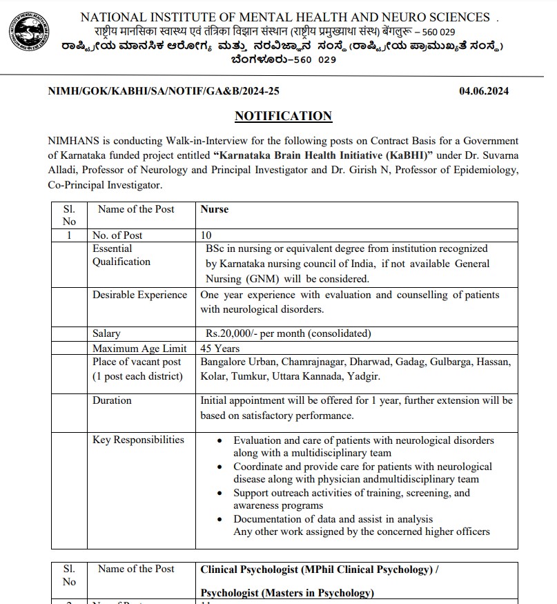 Nimhans Recruitment for nurse and other post in Walk in interview