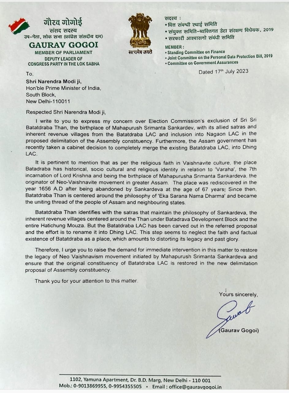 MP Gaurav Gogoi Letter to PM Modi