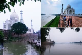 യമുനയിലെ ജലനിരപ്പ് ഉയരുന്നു  ഡല്‍ഹിയില്‍ പ്രളയഭീതി  താജ്‌മഹലിന്‍റെ മതിലിനരികെ വെള്ളക്കെട്ട്  Yamuna flood waters touch Taj Mahal wall  waters touch Taj Mahal wall after four decades