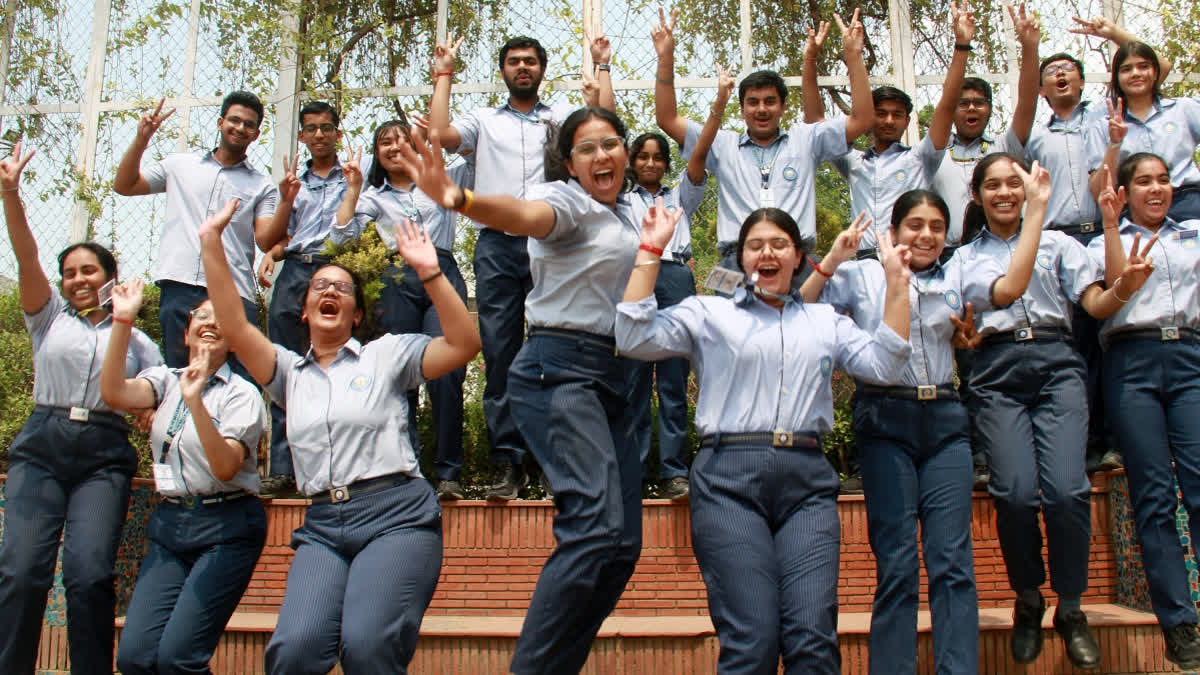 Students in a jubilant mood after the announcement of CBSE class 10th results, in Gurugram in May.