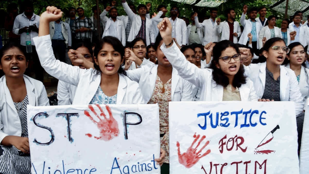 Junior doctors and medical students holding placards, raise slogans protest against the alleged sexual assault and murder of a postgraduate trainee doctor in Kolkata.