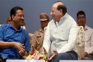 A file photo of (left) Arvind Kejriwal with (right) Delhi LG VK Saxena