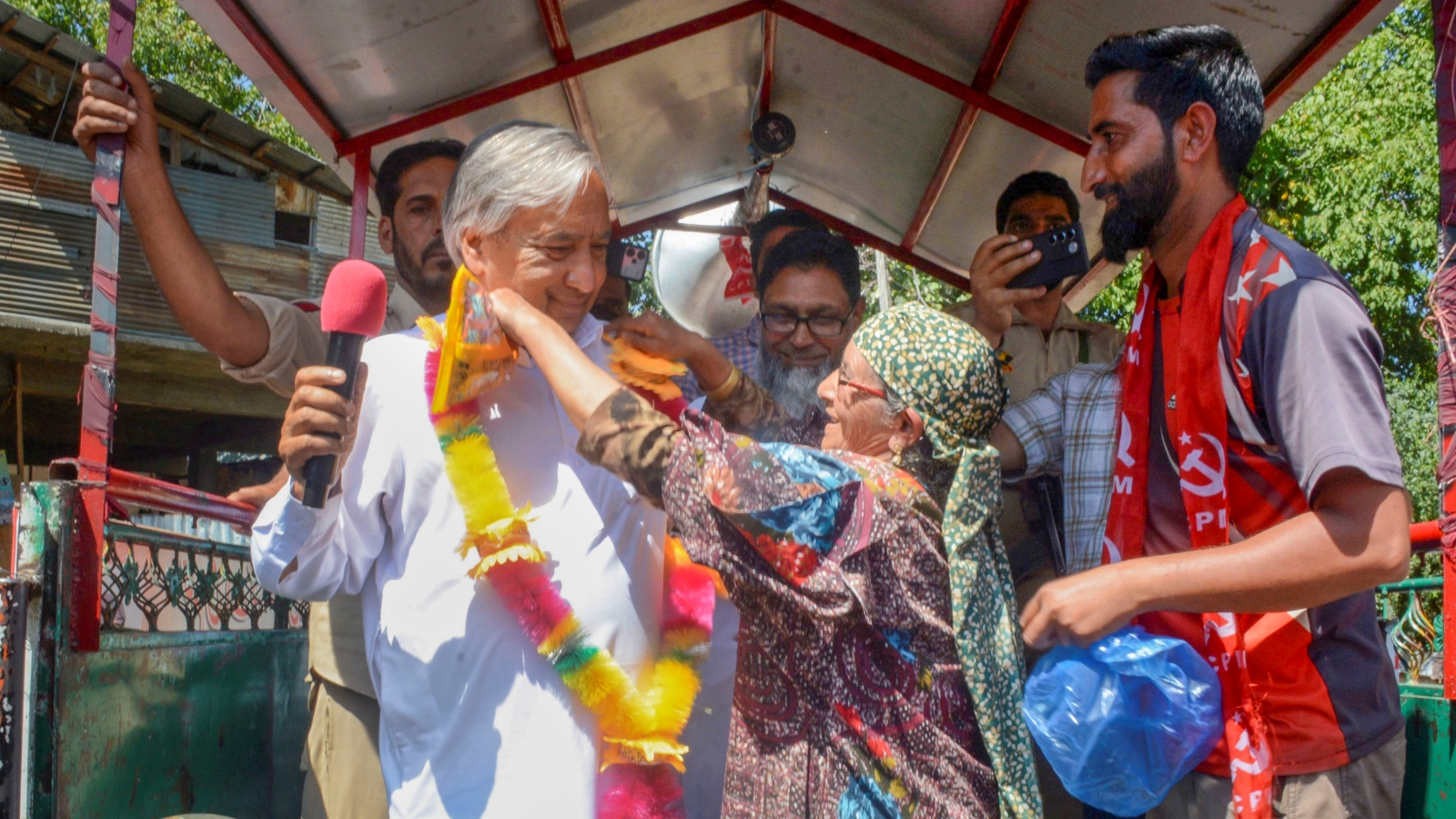 Yousuf Tarigami during an election rally in Kulgam.