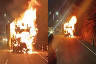 Navale Bridge Accident  Truck Caught Fire In Maharashtra  അമിത വേഗതയിലെത്തിയ ട്രക്ക് കണ്ടെയ്‌നറില്‍ ഇടിച്ചു  ട്രക്കില്‍ നിന്നും ആളിപടര്‍ന്ന് തീ  4 പേര്‍ക്ക് ദാരുണാന്ത്യം  Truck Caught Fire In Maharashtra