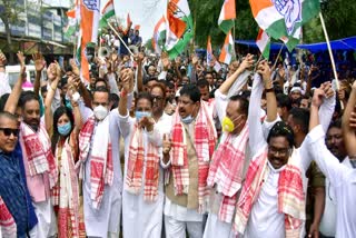 A file photo of Congress’ Rokibul Hussain with party leaders during a rally in Nagaon