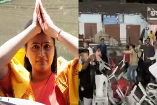 BJP leader Navneet Rana (L) alleges religious slogans were raised and chairs hurled at her rally at Khallar village in support of party candidate Arun Bundile