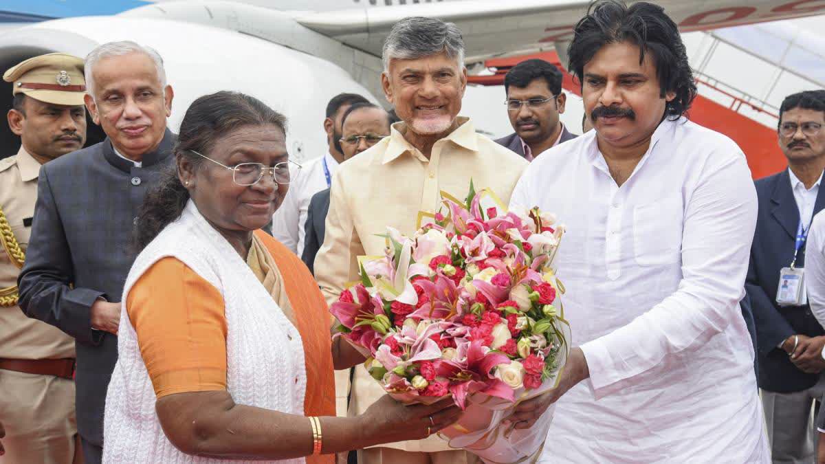 President Droupadi Murmu being received by Andhra Pradesh Governor Abdul Nazeer, Chief Minister N Chandrababu Naidu and his deputy Pawan Kayan in Vijayawada on Tuesday