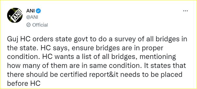 ಮೋರ್ಬಿ ದುರಂತ ಹಿನ್ನೆಲೆ: ಗುಜರಾತ್​​ನ ಎಲ್ಲ ಸೇತುವೆಗಳ ಸಮೀಕ್ಷೆಗೆ ಹೈಕೋರ್ಟ್ ಆದೇಶ