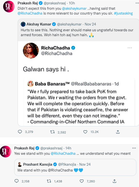 گلوان ٹویٹ پر ریچا چڈھا کی تنقید کرنے پر پرکاش راج کا اکشے کمار کو جواب