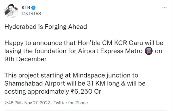 KCR will perform Bhumi Puja for the second phase of Hyderabad Metro Rail works
