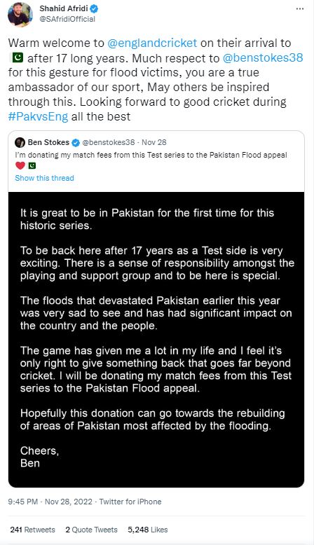 reactions on Ben Stokes to donate Test match fees against Pakistan to flood relief