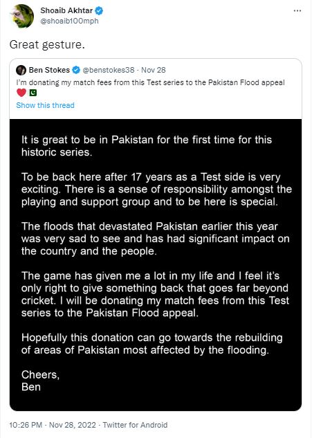 reactions on Ben Stokes to donate Test match fees against Pakistan to flood relief