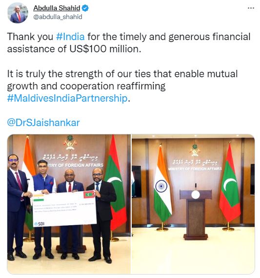 Maldives thanks India for USD 100 million aid