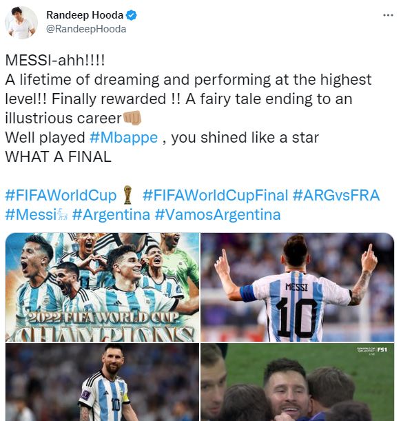 Qatar world cup  Bollywood celebrities reaction  argentinas victory  football world cup  FIFA World Cup 2022  karthik aryan  bhoomi pednekar  shah ruk khan  anil kapoor  preethi sinra  karishma kapoor  anany apande  sushmitha sen  Randeep hooda  ബോളിവുഡ് താരങ്ങള്‍  ലയണല്‍ മെസി  Lionel messi  mbappe  കാര്‍ത്തിക്ക് ആര്യന്‍  ഭൂമി പേട്‌നേക്കര്‍  അനില്‍ കപൂര്‍  കരീഷ്‌മ കപൂര്‍  അനന്യ പാണ്ഡെ  രണ്‍ദീപ് ഹൂഡ  സുസ്‌മിത സെന്‍  പ്രീതി സിന്‍റ  ഖത്തര്‍ ലോകകപ്പ്  ഫുട്‌ബോള്‍ ലോകകപ്പ്  എംബാപ്പെ