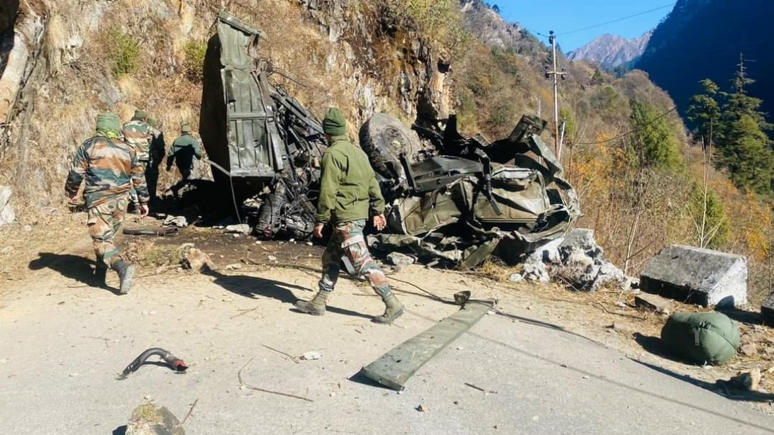 The remains of the army truck that met with an accident in Sikkim on December 23, 16 jawans were killed and 4 injured in the tragic incident.