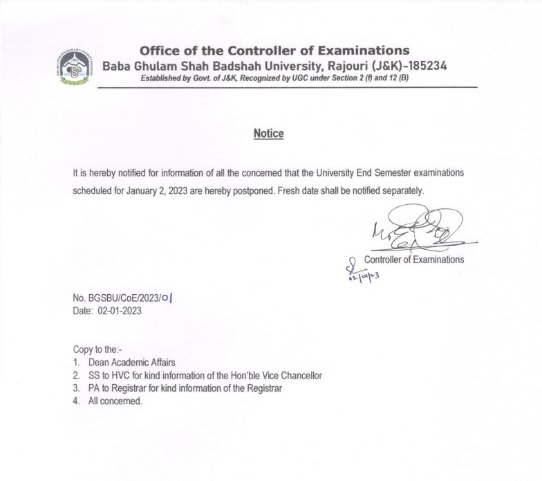 BGSBU Rajouri Postpones Examinations Scheduled