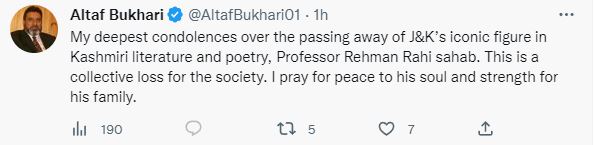 altaf bukhari Condolence Tweet